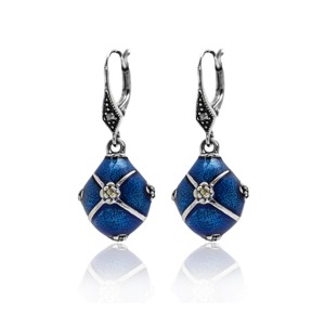 Frosted Blue Enamel Balls w/Marcasite Leverback Earrings
